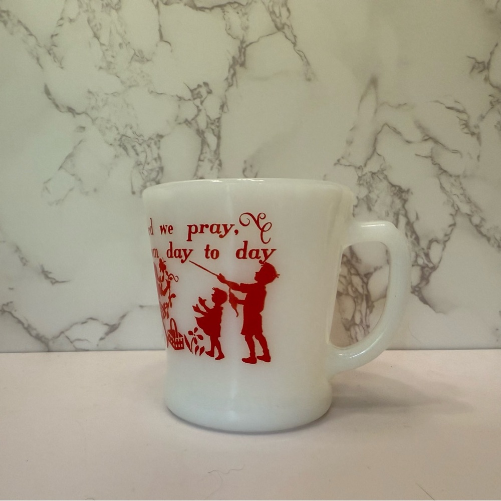 Vintage Anchor Hocking Fire King Ware #53 milk glass mug Bless this food red